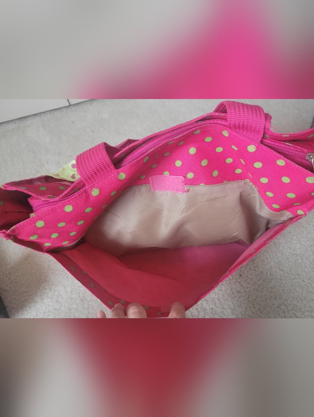 Pink Polka Dot Tote Bag with Lime Bow - Picture 6 of 16